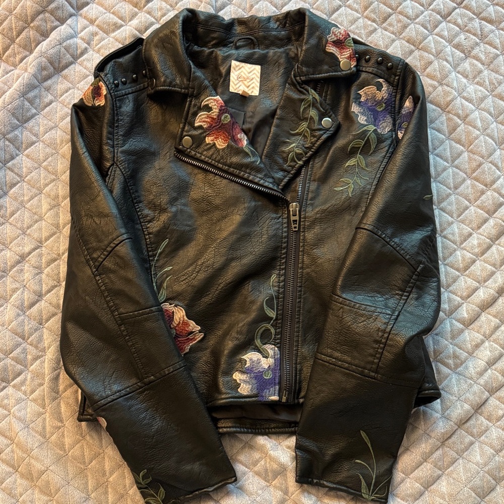 Candie's Black Leather Jacket with Floral Embroidery